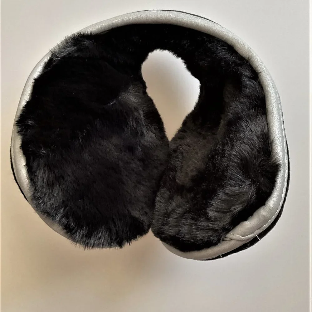 Soft Plush Fleece Earmuffs Black Gray Behind The Head Winter Ear Warmers